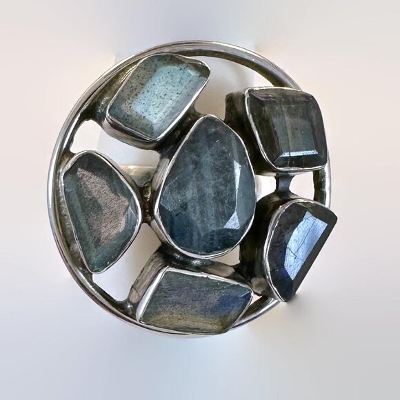 Labradorite Ring, Sterling Silver, Statement, Big, Vintage, Size 7 3/4 - Picture 2 of 7